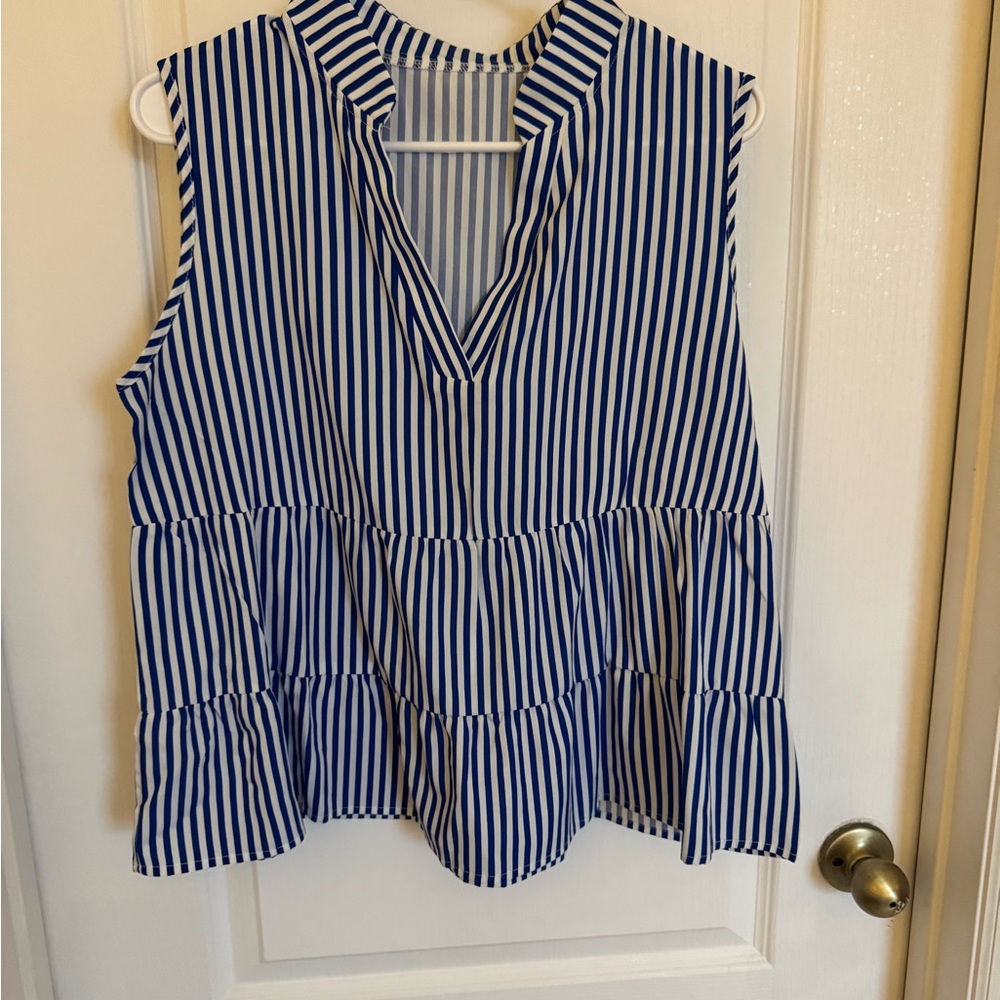 Blue and White Tiered Mandarin Collar Blouse